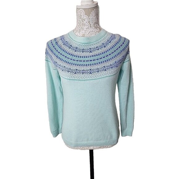 Talbots Sweater Aqua Lambswool Fair Isle Crew Neck Pullover Women's SP - Picture 2 of 10